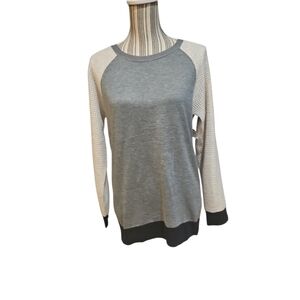 Poot Woman Gray Cream Black Long Sleeve Cotton Contrasting  Sweater Top Size L